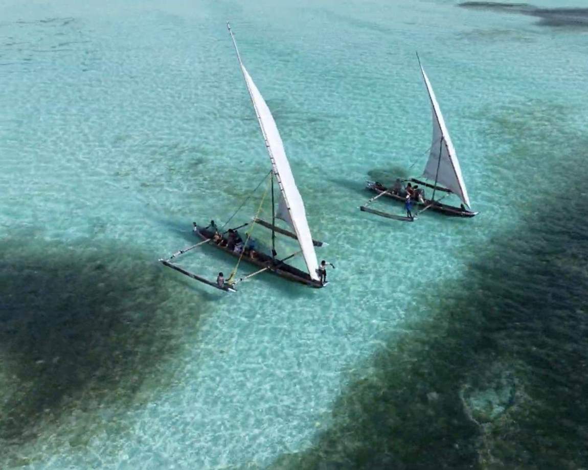 Dhow sailboats on turquoise water